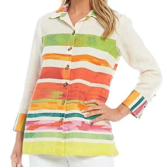 NWT John Mark Top Hello Sunshine Striped Linen Tunic Blouse Women’s Size Small - Picture 1 of 12